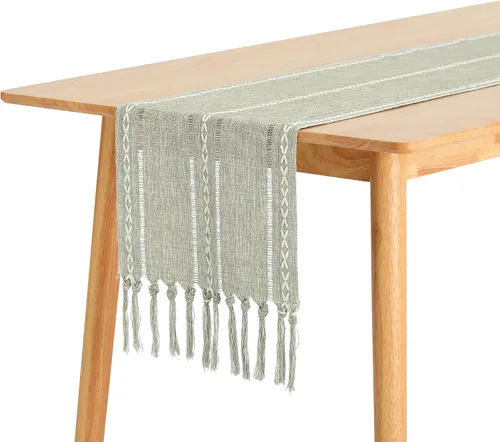 Miniatura 8 de uxcell Paquete de 1 camino de mesa rústico, caminos de mesa de granja con borlas, camino de mesa rústico para comedor, fiesta, boda, 13 x 63 Beige