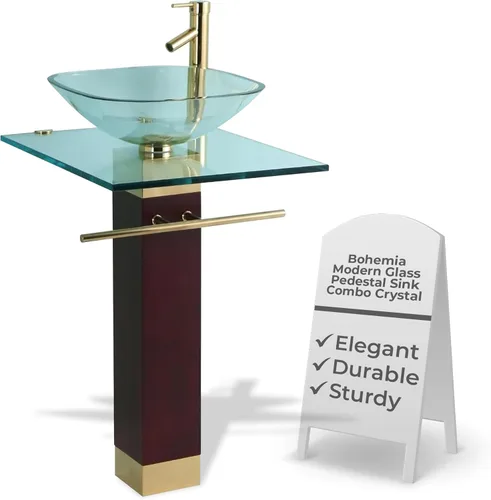 Renovators Supply Manufacturing Bohemia Combo de Lavabo de Pedestal de Vidrio Moderno Encimera de Vidrio Templado Cristalino Transparente Tocador de