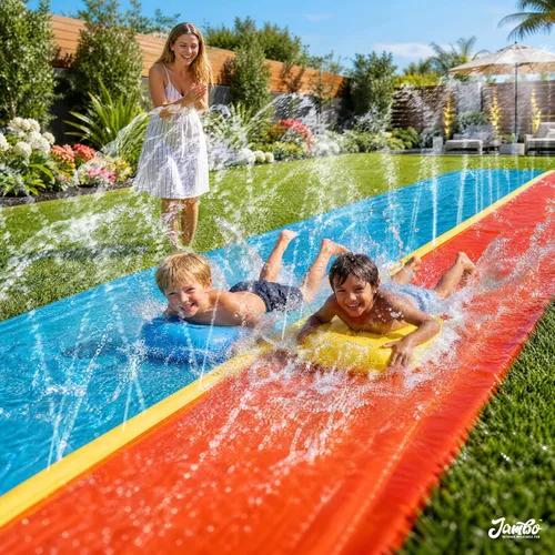 Miniatura 2 de JAMBO Tobogán acuático de doble carril de 22.5 pies con 2 tablas de bodyboard con rociador integrado para diversión acuática en el patio trasero al