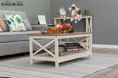 Miniatura 3 de Mesa de centro de granja con almacenamiento, mesa central cuadrada moderna con estante para sala de estar, mesa de cóctel de aspecto de madera