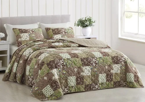 Miniatura 2 de Chezmoi Collection Leilani - Juego de edredón de algodón lavado bohemio de 3 piezas, tamaño Queen, ropa de cama acolchada bohemia marrón, gris topo