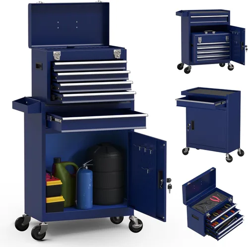 Miniatura 12 de Caja de herramientas rodante de alta capacidad de 5 cajones, caja de herramientas de almacenamiento extraíble con ruedas y cajones, caja