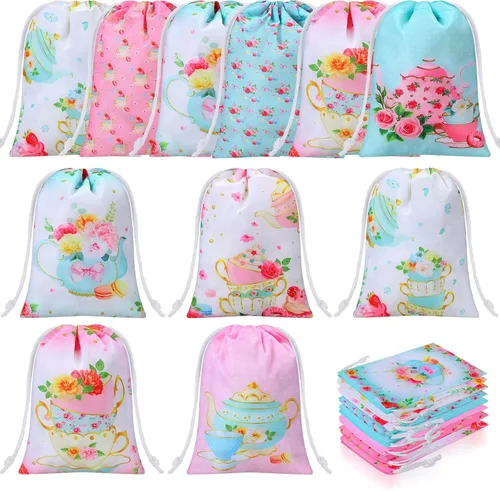 Faccito 24 bolsas de regalo de fiesta de té, bolsas de regalo de fiesta de té, bolsas con cordón de regalo, bolsas de dulces florales para golosinas
