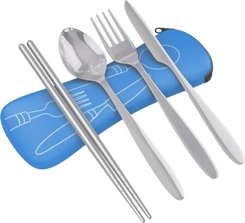 Set de 4 unidades (cuchillo, tenedor, cuchara, palillos) para Viajes/Camping –Cubertería de acero inoxidable con funda de neopreno Juego de 4 piezas