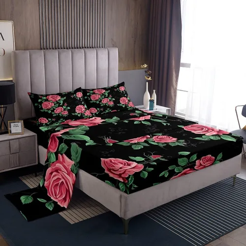 Erosebridal Juego de sábanas de tamaño individual con diseño de rosas rojas, diseño floral rosa, ramas de hojas verdes, sábanas temáticas de plantas