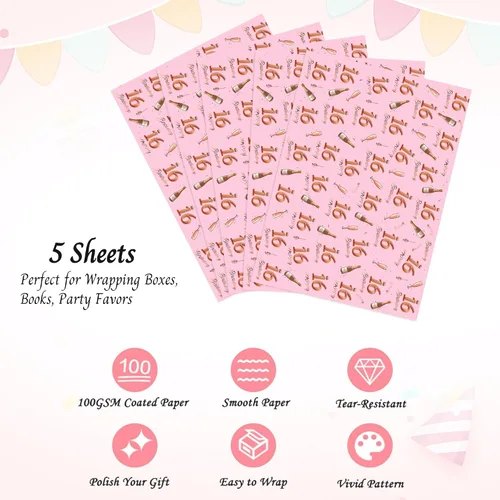 Miniatura 6 de Zayin Papel de regalo de cumpleaños número 16, 5 hojas de papel de regalo de feliz cumpleaños de 27.6 x 19.7 in, color oro rosa, para niñas