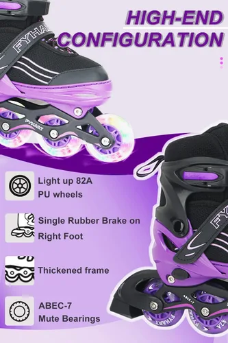 Miniatura 3 de Patines en línea ajustables para niños, niñas y niños, color morado y negro, todas las ruedas iluminan patines para niños principiantes al aire