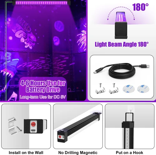 Miniatura 5 de Barra de luz negra recargable, paquete de 2 unidades, luces negras alimentadas por batería para fiesta brillante, tira de luces UV inalámbricas