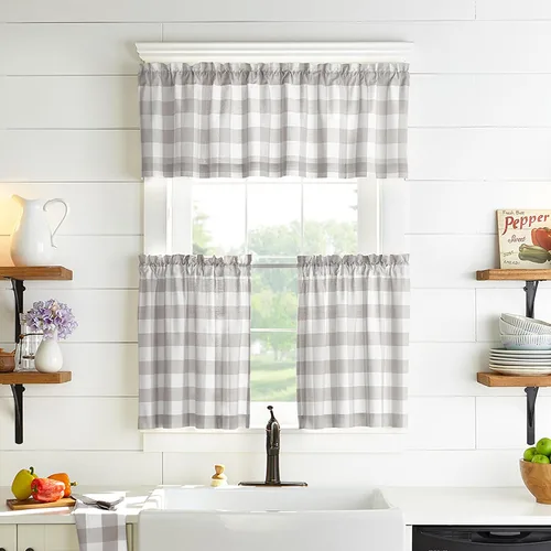 Miniatura 8 de Elrene Home Fashions Farmhouse Living Buffalo-Check Juego de cortinas de dos niveles para baño o cocina, 30" x 24" (Juego de 2 niveles), Gris/Blanco