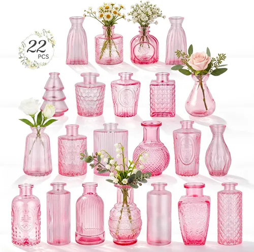 RUCKAE Jarrón de flores rosas a granel, 22 jarrones de cristal vintage pequeños para centro de mesa, decoración de boda, decoración del hogar,