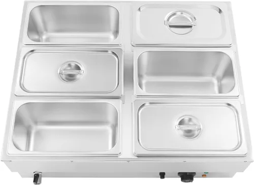 Miniatura 5 de Calentador de alimentos eléctrico para encimera de 6 sartenes, mesa de vapor para buffet comercial de acero inoxidable con 6 cubiertas de acero