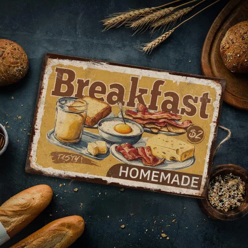 Miniatura 5 de 1 letrero de metal vintage de 12 x 8 pulgadas, placa retro para desayuno, huevo frito, queso, tocino, oliva, con 4 agujeros preperforados