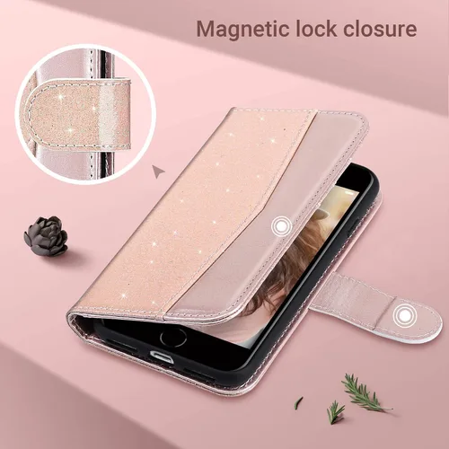 Miniatura 7 de ULAK Funda tipo cartera para iPhone SE 3 (2022)/SE (2020)/8/7 con soporte para tarjetas, funda de piel sintética de alta calidad con ranuras