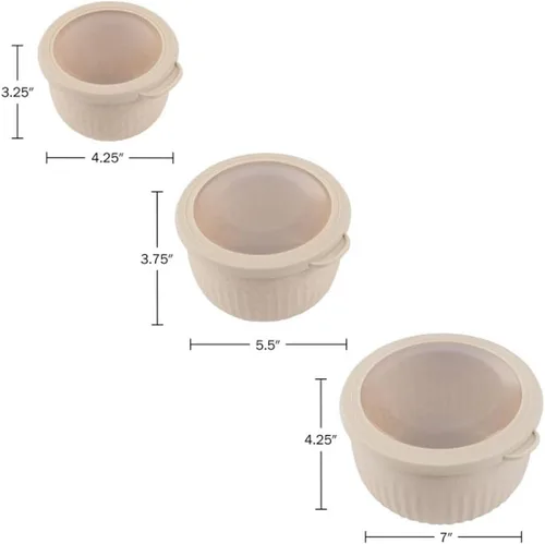 Miniatura 6 de Classic Cuisine - Juego de 3 cuencos con tapas, aptos para microondas, congelador y refrigerador, artículos esenciales de cocina ecológicos (beige)