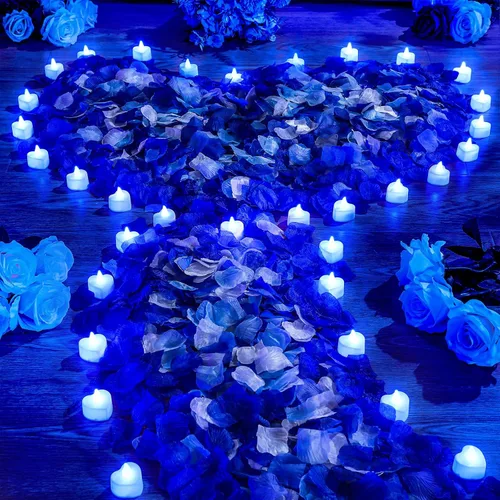 Miniatura 12 de VIHOSE 4000 pétalos de rosa artificiales con 24 velas LED de té, velas LED sin llama, pétalos de rosa falsos para bodas, fiestas de cumpleaños