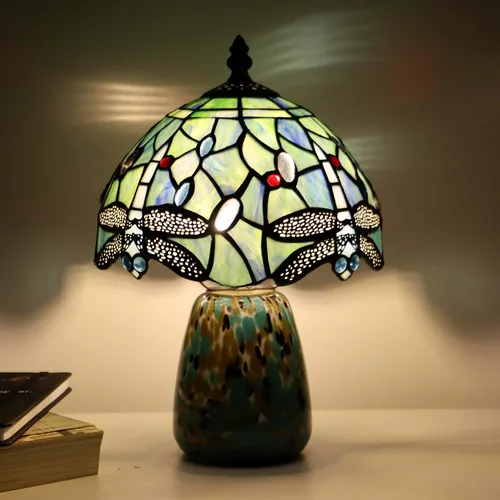 Miniatura 8 de Lámpara de mesa de hongo Tiffany estilo libélula lámpara de acento de vidrio teñido azul marino base de vidrio marrón azul 8X8X12 pulgadas