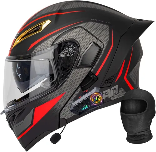 Miniatura 14 de Casco Bluetooth Moto DOT Aprobado Casco Abatible, Casco Integrado De Moto, Cascos Abatible con Doble Visera, Ventilación Forro, para La Respuesta