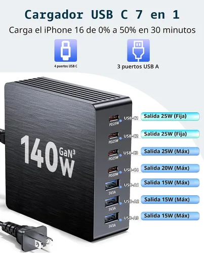 Miniatura 2 de Estación de carga USB C, estación de carga rápida GaN III de 7 puertos de 140 W, estación de carga USB PD 3.0 para múltiples dispositivos