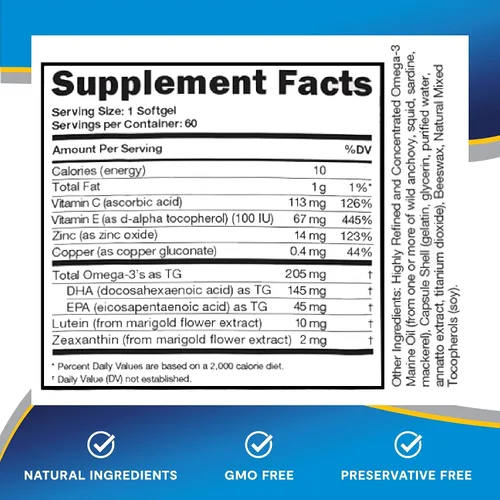 Miniatura 5 de Suplemento de vitaminas y minerales para ojos con zinc, vitaminas C y E, Omega 3, luteína y zeaxantina, 60