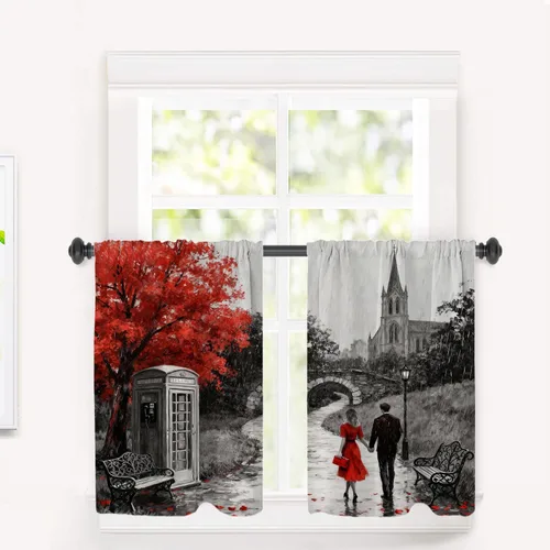 Miniatura 52 de Cortinas opacas de cocina con pintura al óleo de Europa rosa y negra para ventanas, cenefas opacas modernas de torre Eiffel de poliéster multicapa