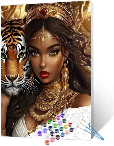 Miniatura 36 de Pintura de niña afro a la moda, kits de pintura por números, 16 x 20 pulgadas, lienzo de hojas tropicales, pintura al óleo para niños y adultos