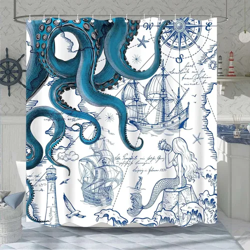 Fungarth Cortina de ducha de pulpo náutico azul, sirena azul marino, divertida cortina de ducha estilo kraken del océano para baño, ancla fresca,