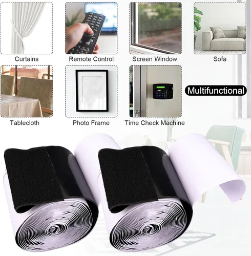 Miniatura 6 de 2 rollos de cinta de gancho y bucle de 16.4 pies con adhesivo, tiras autoadhesivas de nailon y poliéster de doble cara resistentes para alfombras