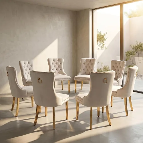 Miniatura 23 de Juego de 2 sillas de comedor de terciopelo, sillas de comedor copetudas de mediados de siglo con anillo trasero de cabeza de clavo, patas de metal