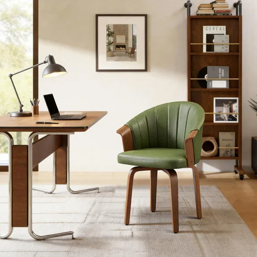 Miniatura 9 de Art Leon Silla de escritorio sin ruedas, silla giratoria moderna de mediados de siglo, silla de escritorio de piel sintética para oficina en casa