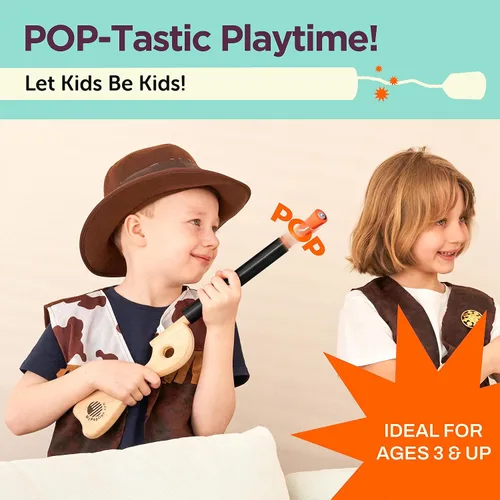 Miniatura 3 de Pistola de Juguete Pop Negra para Niños - Pistolas de Juguete de Madera para Niños de 3-7 Años - Pistola Falsa con Acabado de Madera Resistente