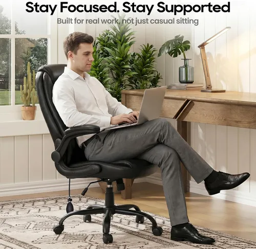 Miniatura 9 de MALOL Silla de oficina de cuero, silla de escritorio para computadora con soporte lumbar ajustable, cojín grueso, brazos abatibles y respaldo Negro