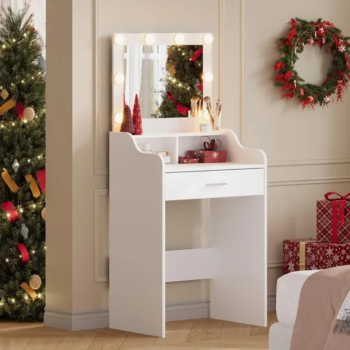 Miniatura 6 de WLIVE Escritorio de tocador con espejo y luces, mesa de maquillaje con cajón, armario y estantes abiertos, tocador de dormitorio con estación