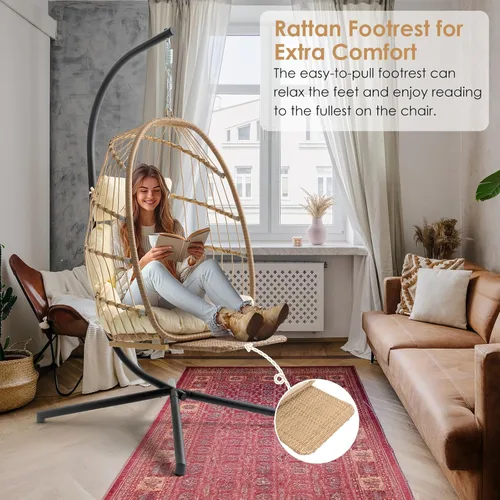 Miniatura 3 de Silla colgante de huevo Brafab con soporte y reposapiés, silla de columpio de mimbre en forma de huevo, marco de aluminio-acero para interiores
