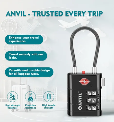 Miniatura 4 de ANVIL Cerraduras de equipaje aprobadas por la TSA - Cerraduras de viaje combinadas TSA008 de alta seguridad con indicador de inspección para maletas