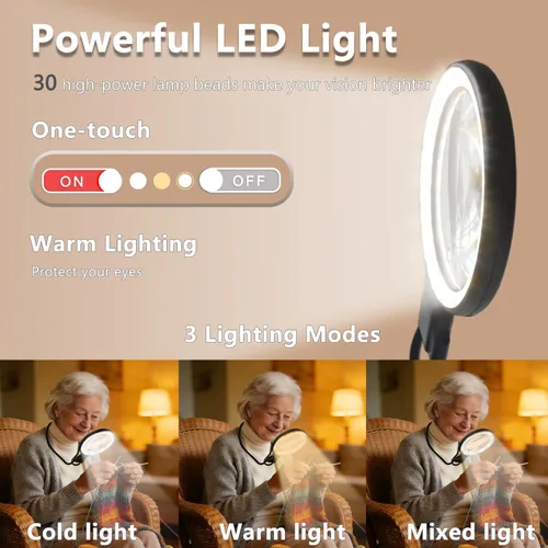 Miniatura 5 de Lupa manos libres 5X con luz, lupa de cuello recargable para lectura, manualidades, punto de cruz, brillo ajustable para personas mayores de baja