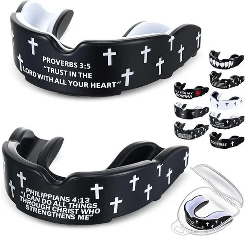 Miniatura 9 de Yaomiao 2 piezas de protectores bucales cruzados para lucha libre, protectores dentales deportivos cristianos con estuche, protector bucal religioso