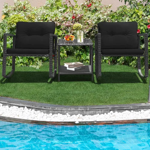 Miniatura 2 de DORTALA Juego de muebles de patio de 3 piezas, mecedora de ratán y mesa de centro de cristal con cojines, juego de 3 muebles de mimbre para Negro
