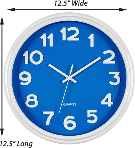 Miniatura 6 de Bernhard Products reloj de pared grande, 12.5", silencioso, sin sonido de tic, azul y blanco, estilo moderno, cuarzo de calidad, para casa