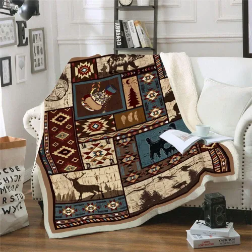 Miniatura 2 de Manta Azteca Otoñal Rústica del Suroeste Americano Nativo - Navajo, Mexicana, India, Diseño de Oso y Ciervo - Decoración de Granja para Sofá, Cama