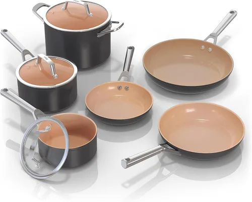 Juego de ollas y sartenes Ninja antiadherentes | Juego de utensilios de cocina de cerámica premium de vida extendida | 9 piezas antiadherentes | Gris