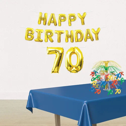Miniatura 3 de Beistle Cartel de globo de feliz cumpleaños número 70, letras inflables de Mylar para colgar, suministros de fiesta, color dorado, de 14.5 a 25 x