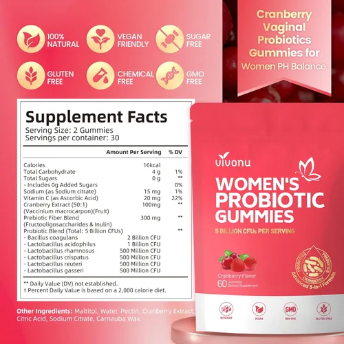 Miniatura 7 de VivoNu Probiótico vaginal para mujer, gomitas probióticas para mujeres, gomitas de equilibrio femenino, probióticos de arándano para la salud