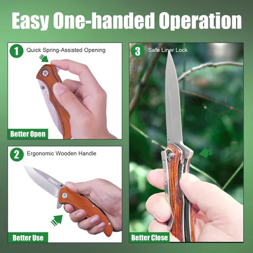 Miniatura 2 de Juego de cuchillos de madera plegables de bolsillo, cuchillos tácticos plegables EDC de apertura segura con cerradura, cuchillo pequeño y afilado