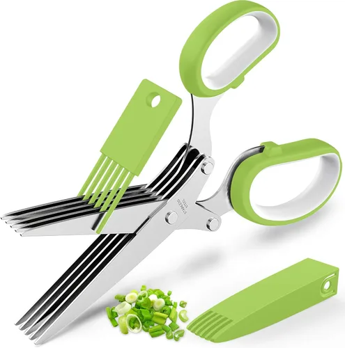Miniatura 9 de Tijeras de hierbas con 5 cuchillas y cubierta, cortador de hierbas de cocina con peine de limpieza, tijeras de hierbas de acero inoxidable para Azul