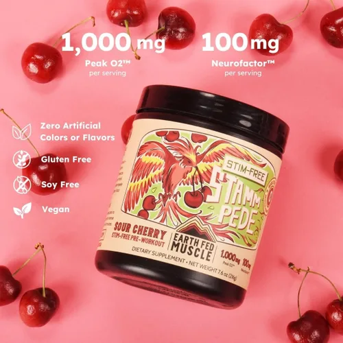 Miniatura 2 de Earth Fed Muscle Stampede sin estimulantes antes del entrenamiento, cereza agria, estimulante y sin cafeína, aumenta la energía, la resistencia