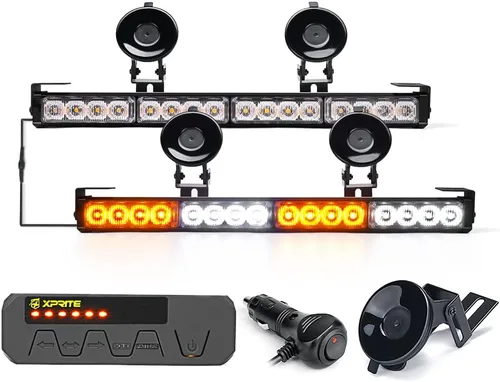 Xprite Barra de luz estroboscópica LED blanca ámbar asesor de tráfico de emergencia dual con caja de control, luces intermitentes de advertencia de