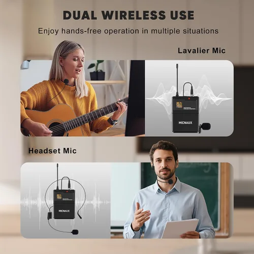 Miniatura 5 de Sistema de micrófono inalámbrico de solapa con auriculares y micrófonos Lavalier, juego de micrófonos UHF Pro de 4 canales con transmisor de paquete
