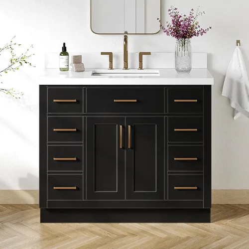 DKB Isabella - Mueble de baño negro de 42 pulgadas con fregadero, lavabo rectangular, encimera de cuarzo blanco puro y protector contra salpicaduras