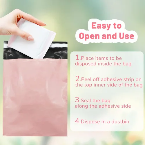 Miniatura 5 de Bolsas de eliminación de servilletas sanitarias, 100 bolsas de eliminación personal femeninas para tampones y almohadillas, selladas autoadhesivas