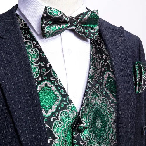 Miniatura 63 de Barry.Wang Conjunto de chaleco de pajarita para hombre, chaleco con cuello en V de seda jacquard de cachemira, gemelos de pañuelo formal/ocio, boda